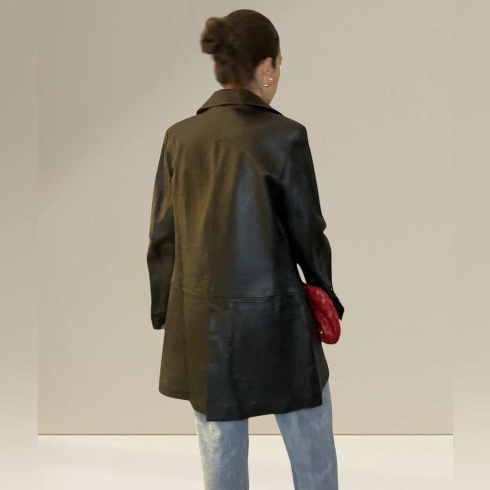 Vintage Newport News Black Genuine Leather Trench Mid Length Coat, M1161 - Picture 9 of 9